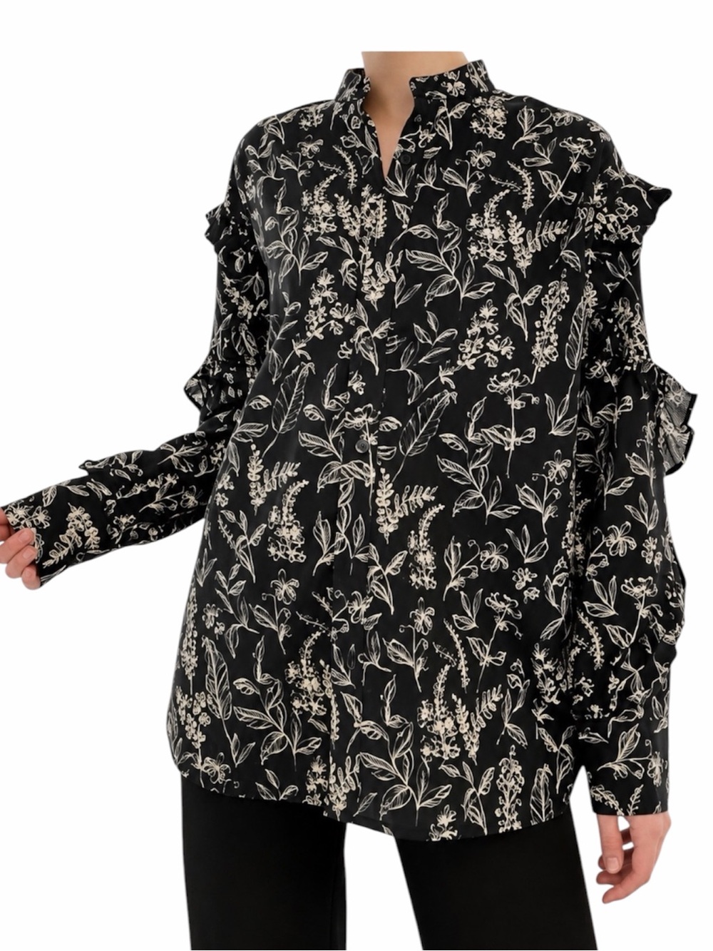 Thakoon Women’s Ruffled Sleeve Button Up Blouse Black/Cream Floral Size Medium